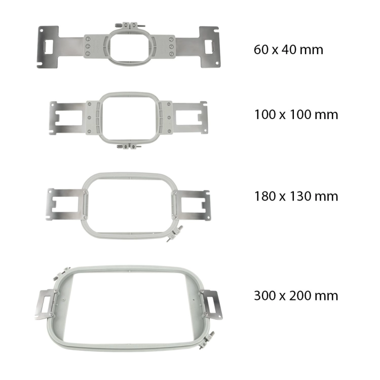 Zestaw ram do hafciarki TEXI IRIS 12 SET, zawiera cztery ramy o wymiarach: 60 x 40 mm, 100 x 100 mm, 180 x 130 mm oraz 300 x 200 mm. Ramy wykonane z metalu, z mocowaniem po bokach, umożliwiają precyzyjne haftowanie.