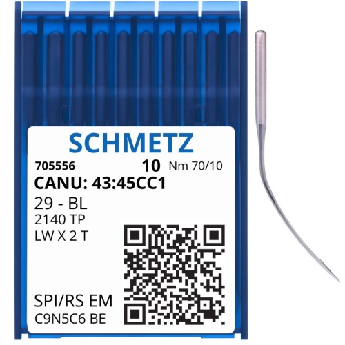 Wysokiej jakości igły szwalnicze SCHMETZ, system CANU 43:45CC1, rozmiar Nm 70/10. Opakowanie zawiera 10 sztuk. Przeznaczone do podszywarek, idealne do delikatnych i średnich tkanin. Wyprodukowane w Niemczech.