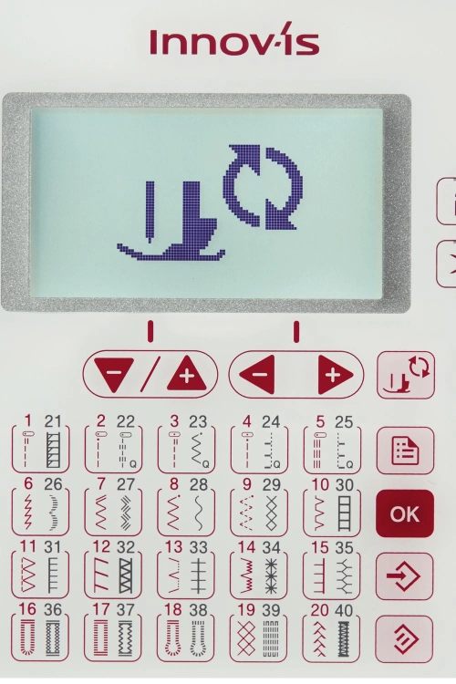Panel maszyny do szycia Brother NV1040 SE z wyświetlaczem LCD, przyciskami do wyboru ściegów i regulacji długości. Widoczne różne wzory ściegów na klawiaturze oraz oznaczenia. Kolor biały z różowymi detalami.