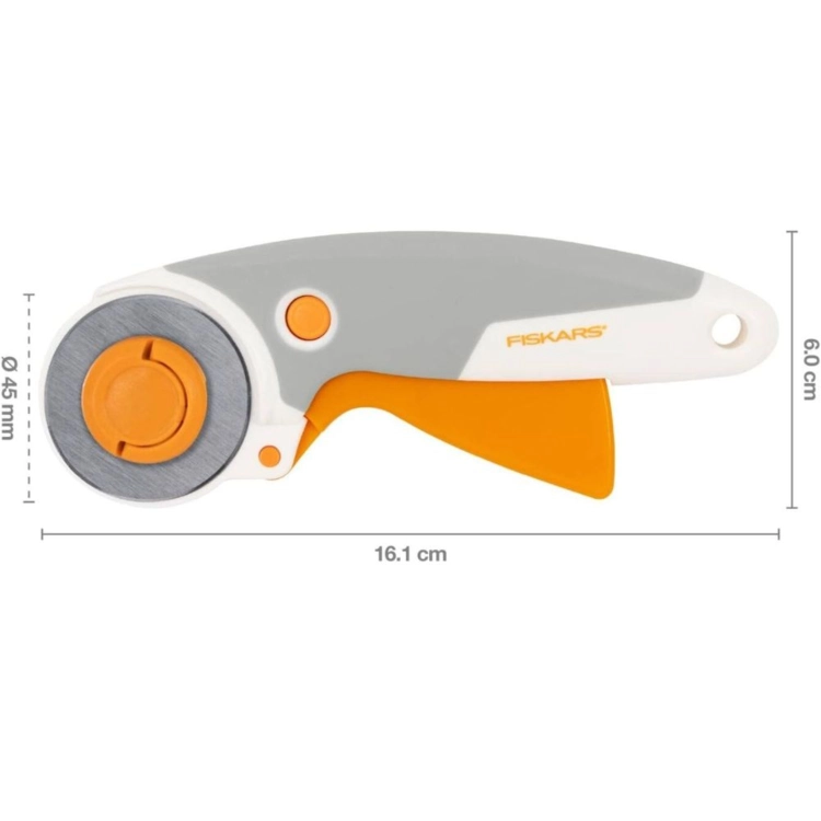 Nóż krążkowy Fiskars Trigger o kompaktowej długości 16,1 cm i ostrzu 45 mm. Wyraźny pomarańczowy spust ułatwia szybkie wysuwanie ostrza. Doskonałe narzędzie dla pasjonatów szycia, gwarantujące dokładność co do milimetra.