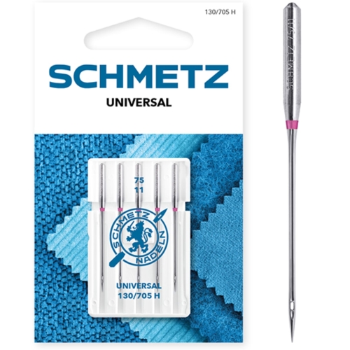 Praktyczny zestaw 5 igieł uniwersalnych marki Schmetz (rozmiar 75/11) w przezroczystym etui. Przeznaczone do domowych maszyn do szycia, idealne do tkanin standardowych. Zestaw gotowy do użycia, gwarancja jakości renomowanej firmy.