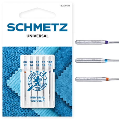 Zestaw mix 5 igieł Schmetz Universal o grubościach 80, 90 i 100 w opakowaniu. Obok umieszczono pomocniczą grafikę trzech kolb z kolorowymi paskami, które ułatwiają szybkie przyporządkowanie i identyfikację właściwego rozmiaru igły.
