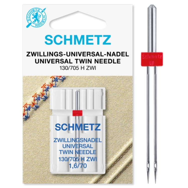 Igła podwójna Schmetz Universal o grubości 70 i rozstawie 1,6 mm, zapakowana w plastikowe etui. Obok znajduje się zbliżenie na produkt z charakterystycznym czerwonym łącznikiem, co ułatwia ocenę konstrukcji przed zakupem.