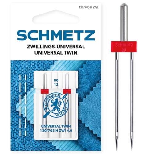 Podwójna igła maszynowa Schmetz Universal Twin o szerokim rozstawie 4,0 mm i grubości 80/12. Zapakowana w oryginalne, plastikowe etui chroniące ostrza, idealna do tworzenia dekoracyjnych przeszyć i ściegów ozdobnych.