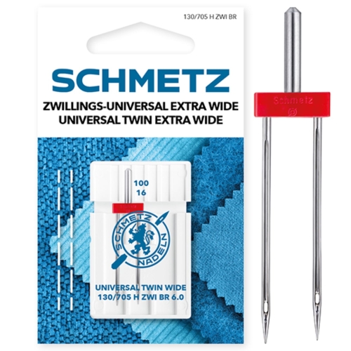 Zdjęcie przedstawia podwójną igłę Schmetz Universal Twin Extra Wide o grubości 100/16 i bardzo szerokim rozstawie 6,0 mm. Po prawej stronie umieszczono zbliżenie, które wyraźnie pokazuje duży odstęp między obydwoma ostrzami.