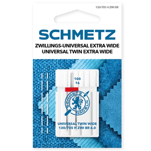 Oryginalne opakowanie z jedną sztuką podwójnej igły maszynowej Schmetz (system 130/705 H ZWI BR 6.0). Produkt o rozmiarze 100/16 prezentowany jest na estetycznym tle z niebieskich próbek materiałów o zróżnicowanej fakturze.