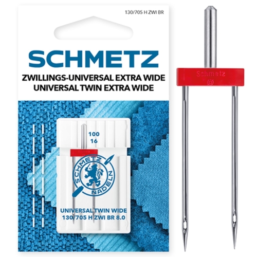 Zdjęcie przedstawia podwójną igłę Schmetz Universal Twin Extra Wide o grubości 100/16 i wyjątkowo szerokim rozstawie aż 8,0 mm. Po prawej stronie widać powiększenie produktu, ukazujące dużą przestrzeń między dwoma ostrzami.