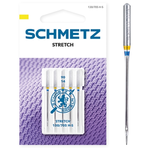 Zdjęcie przedstawia opakowanie igieł SCHMETZ Stretch 130/705 H-S do domowych maszyn do szycia. Widoczna grafika dzianiny podkreśla ich przeznaczenie do materiałów elastycznych i rozciągliwych.