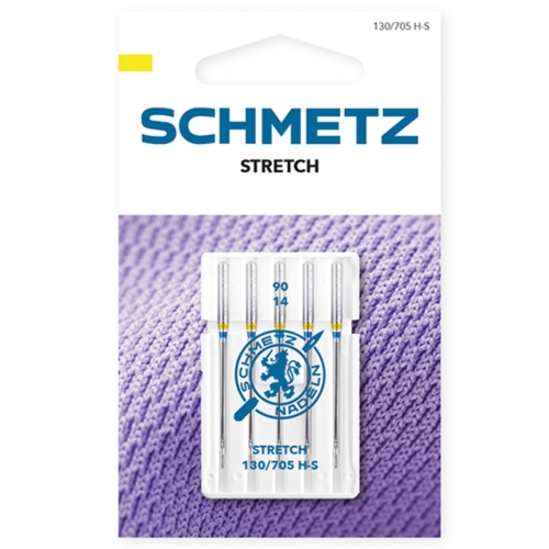 Fotografia prezentuje zestaw igieł SCHMETZ Stretch do maszyn domowych. Żółte oznaczenie na opakowaniu i igłach ułatwia szybkie rozpoznanie typu igły przeznaczonej do materiałów elastycznych.
