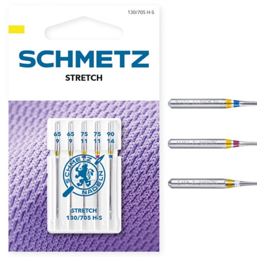 Zdjęcie przedstawia opakowanie igieł SCHMETZ Stretch 130/705 H-S do domowych maszyn do szycia. W zestawie znajduje się 5 igieł w grubościach 65, 75 i 90, przeznaczonych do materiałów elastycznych.