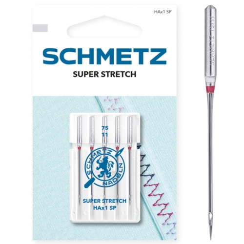 Zdjęcie przedstawia opakowanie igieł SCHMETZ Super Stretch HAx1 SP do bardzo elastycznych materiałów. W zestawie znajduje się 5 igieł o grubości 75, oznaczonych charakterystycznym różowym kolorem.