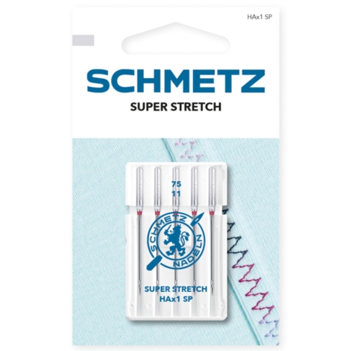 Fotografia prezentuje igły SCHMETZ Super Stretch z systemem HAx1 SP. To igły do trudnych, bardzo elastycznych materiałów, przy których ważne jest ograniczenie przepuszczania ściegów.