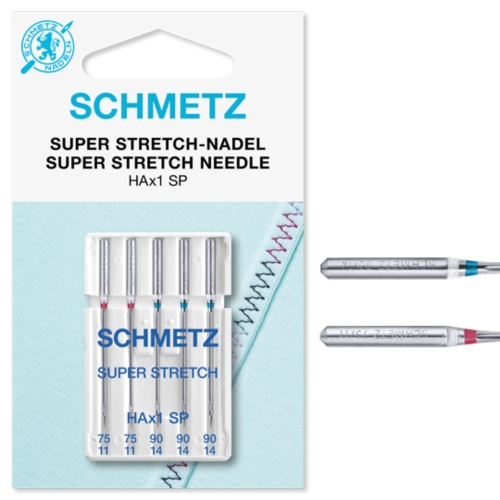 Zdjęcie przedstawia igły SCHMETZ Super Stretch HAx1 SP w zestawie mieszanym. Opakowanie zawiera 5 sztuk: 2 igły w grubości 75 oraz 3 igły w grubości 90, przeznaczone do bardzo elastycznych materiałów.