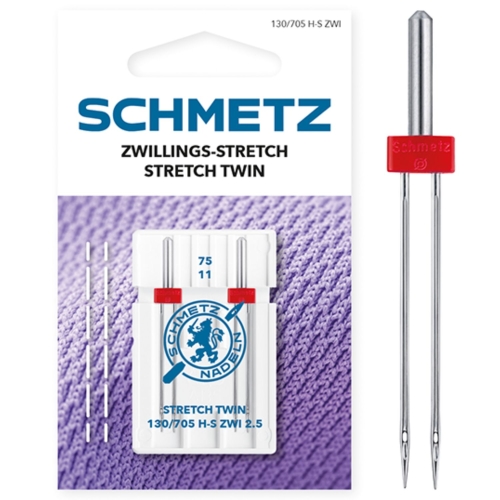 Zdjęcie przedstawia igły SCHMETZ Stretch Twin 130/705 H-S ZWI 2.5 do szycia podwójnym ściegiem na materiałach elastycznych. Opakowanie zawiera 2 igły podwójne o rozstawie 2,5 mm i grubości 75.
