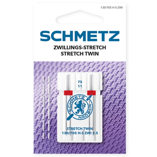 Fotografia prezentuje opakowanie igieł SCHMETZ 130/705 H-S ZWI 2.5 Stretch Twin. Czerwony element łączący igły oraz oznaczenie 75/11 wskazują na igłę podwójną do elastycznych materiałów.