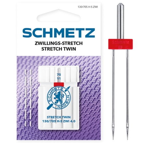 Zdjęcie przedstawia igłę podwójną SCHMETZ Stretch Twin 130/705 H-S ZWI 4.0 do maszyn domowych. Igła ma rozstaw 4,0 mm i grubość 75, dzięki czemu pozwala wykonać dwa równoległe przeszycia na materiałach elastycznych.