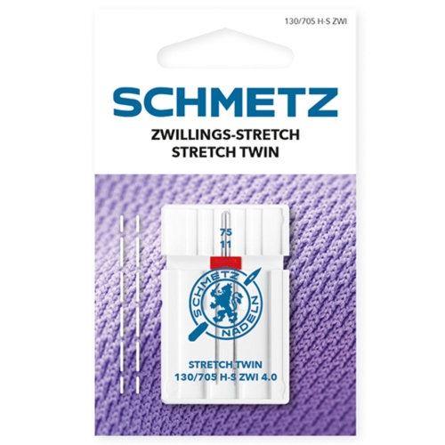 Fotografia prezentuje opakowanie igły podwójnej SCHMETZ 130/705 H-S ZWI 4.0. Czerwony element łączący oraz oznaczenie 75/11 wskazują na igłę Stretch Twin do elastycznych materiałów.
