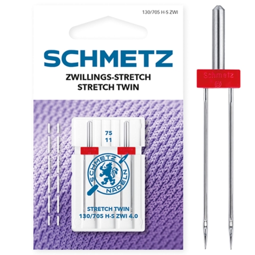 Zdjęcie przedstawia igły podwójne SCHMETZ Stretch Twin 130/705 H-S ZWI 4.0 do materiałów elastycznych. Opakowanie zawiera 2 sztuki igieł o rozstawie 4,0 mm i grubości 75.