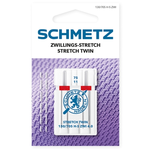 Fotografia prezentuje igły półpłaskie SCHMETZ 130/705 H-S ZWI 4.0 do domowych maszyn do szycia. To igły podwójne do materiałów elastycznych, oznaczone jako Stretch Twin 75/11.