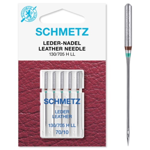 Zdjęcie przedstawia igły SCHMETZ Leather 130/705 H LL do szycia skóry na maszynach domowych. Opakowanie zawiera 5 sztuk igieł o grubości 70, przeznaczonych do cienkiej skóry i materiałów skóropodobnych.