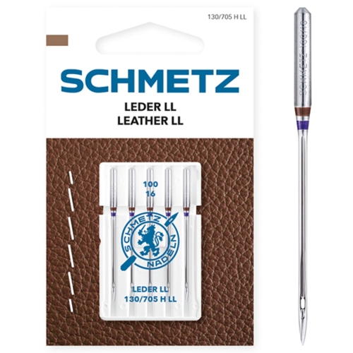 Zdjęcie przedstawia igły Schmetz Leather LL 130/705 H LL do szycia skóry na maszynach domowych. Opakowanie zawiera 5 sztuk igieł o grubości 100, przeznaczonych do skóry i materiałów skóropodobnych.