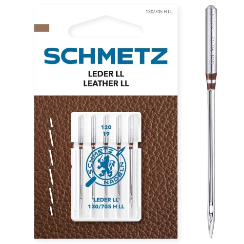 Zdjęcie przedstawia igły Schmetz Leather LL 130/705 H LL do szycia skóry na maszynach domowych. Opakowanie zawiera 5 sztuk igieł o grubości 120, przeznaczonych do grubszej skóry i materiałów skóropodobnych.