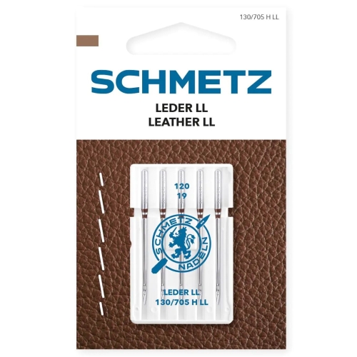 Fotografia prezentuje opakowanie igieł Schmetz 130/705 H LL 120/19. Brązowe tło imitujące skórę oraz oznaczenie Leather LL jasno wskazują przeznaczenie produktu do szycia materiałów skórzanych.