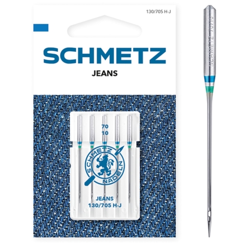 Zdjęcie przedstawia igły Schmetz Jeans 130/705 H-J do szycia jeansu na maszynach domowych. Opakowanie zawiera 5 sztuk igieł o grubości 70, przeznaczonych do cienkiego denimu i gęsto tkanych tkanin.