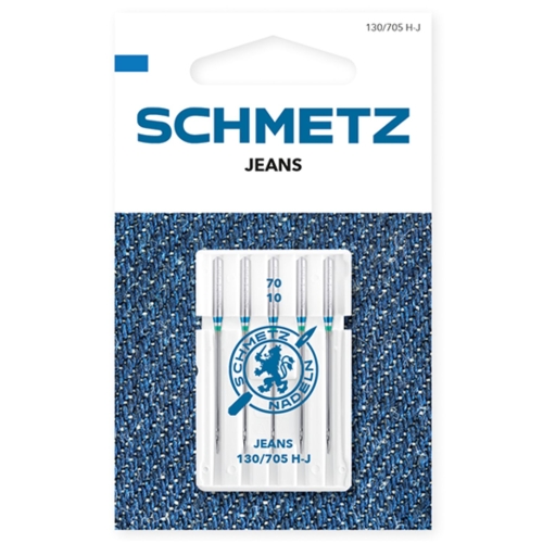 Fotografia prezentuje opakowanie igieł Schmetz 130/705 H-J 70/10. Niebieskie oznaczenie oraz tło imitujące denim jasno wskazują przeznaczenie igieł do szycia jeansu i mocniejszych tkanin.