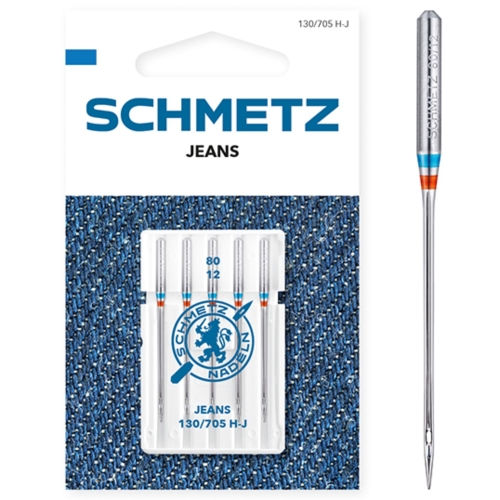 Zdjęcie przedstawia igły Schmetz Jeans 130/705 H-J do szycia jeansu na maszynach domowych. Opakowanie zawiera 5 sztuk igieł o grubości 80, przeznaczonych do denimu i gęsto tkanych materiałów.