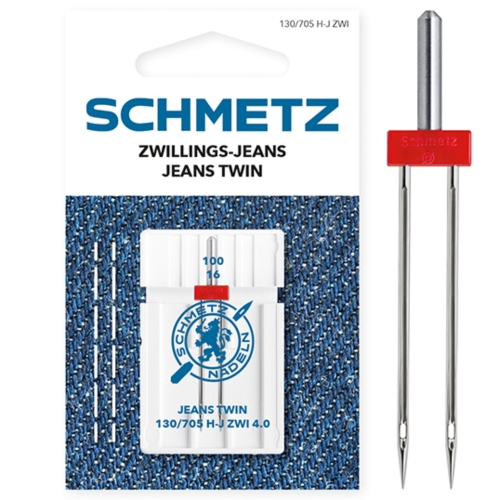 Zdjęcie przedstawia igłę podwójną Schmetz Jeans Twin 130/705 H-J ZWI 4.0 do maszyn domowych. Igła ma rozstaw 4,0 mm i grubość 100, dlatego sprawdzi się przy równoległych przeszyciach na jeansie.