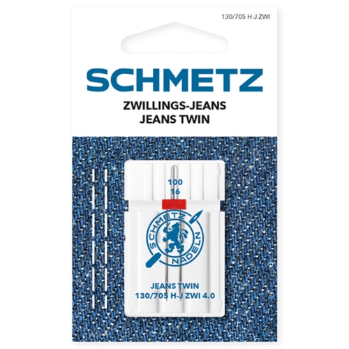 Fotografia prezentuje igłę Schmetz Jeans Twin 100/16 z rozstawem 4,0 mm. To praktyczny wybór do przeszyć ozdobnych na kieszeniach, paskach, szwach i wykończeniach odzieży jeansowej.
