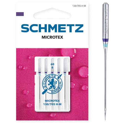 Zdjęcie przedstawia igły Schmetz Microtex 130/705 H-M do precyzyjnego szycia na maszynach domowych. Opakowanie zawiera 5 sztuk igieł o grubości 60, przeznaczonych do cienkich i delikatnych materiałów.