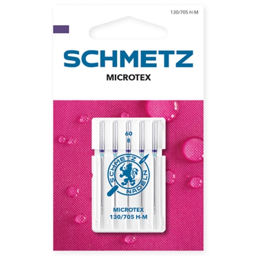 Fotografia prezentuje opakowanie igieł Schmetz 130/705 H-M 70/10. Fioletowe oznaczenie wskazuje typ Microtex, czyli igły do dokładnego szycia i równego prowadzenia ściegu.