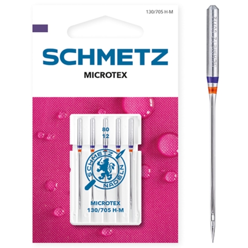 Zdjęcie przedstawia igły Schmetz Microtex 130/705 H-M do precyzyjnego szycia na maszynach domowych. Opakowanie zawiera 5 sztuk igieł o grubości 80, przeznaczonych do cienkich i gęsto tkanych materiałów.