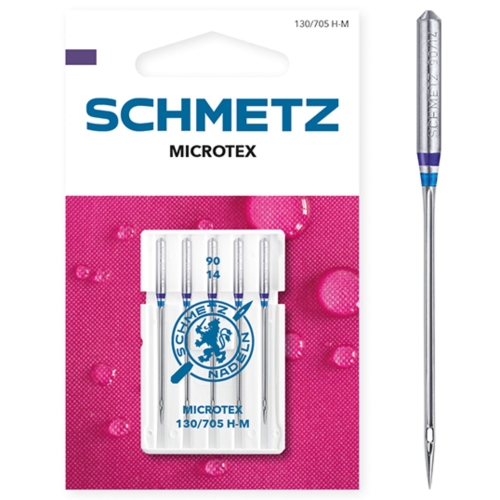 Zdjęcie przedstawia igły Schmetz Microtex 130/705 H-M do precyzyjnego szycia na maszynach domowych. Opakowanie zawiera 5 sztuk igieł o grubości 90, przeznaczonych do gęsto tkanych materiałów.