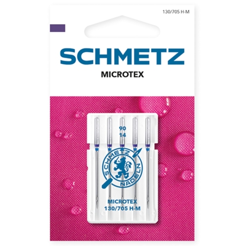 Fotografia prezentuje opakowanie igieł Schmetz 130/705 H-M 90/14. Fioletowe oznaczenie wskazuje typ Microtex, a niebieski pasek pomaga rozpoznać grubość igły po wyjęciu z opakowania.