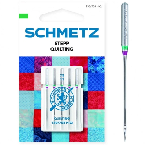 Zdjęcie przedstawia igły Schmetz Quilting 130/705 H-Q do pikowania i patchworku na maszynach domowych. Opakowanie zawiera 5 sztuk igieł o grubości 75, przeznaczonych do szycia kilku warstw materiału.