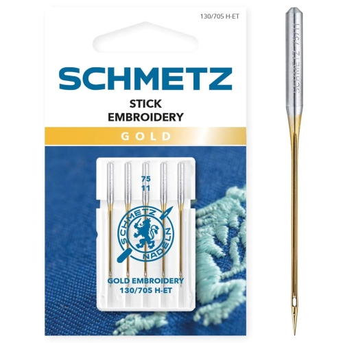 Zdjęcie przedstawia igły Schmetz Gold Embroidery 130/705 H-ET do hafciarek domowych i maszyn z funkcją haftowania. Opakowanie zawiera 5 sztuk igieł o grubości 75, przeznaczonych do haftu maszynowego.