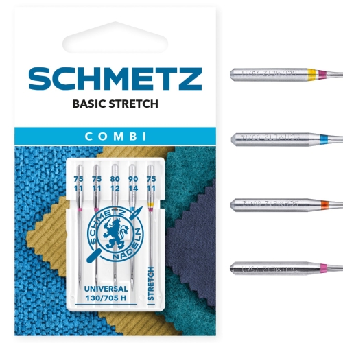 Zdjęcie przedstawia zestaw igieł Schmetz Basic Stretch do domowych maszyn do szycia. Opakowanie zawiera 5 sztuk igieł: uniwersalne 75, 80, 90 oraz igłę Stretch 75 do materiałów elastycznych.