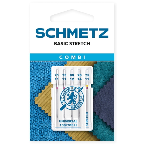 Fotografia prezentuje igły Schmetz Basic Stretch w zestawie mieszanym. Igły uniwersalne sprawdzą się przy bawełnie, lnie i tkaninach mieszanych, a igła Stretch przy dzianinach z elastanem i stretchu.