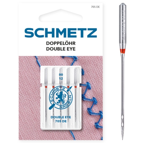 Zdjęcie przedstawia igły Schmetz Double Eye 705 DE do domowych maszyn do szycia. Opakowanie zawiera 5 sztuk igieł o grubości 80, wyposażonych w dwa oczka do prowadzenia dwóch nici jednocześnie.