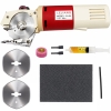 Nóż tarczowy RSD YJ-65 z silnikiem 150W, 65mm, z metalową tarczą tnącą, czerwono-beżową obudową, dodatkowymi dwoma tarczami, smarownicą oraz akcesoriami. Ujęcie frontalne z widocznymi detalami i akcesoriami na jasnym tle.