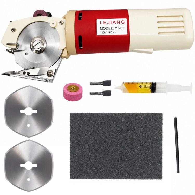 Nóż tarczowy RSD YJ-65 z silnikiem 150W, 65mm, z metalową tarczą tnącą, czerwono-beżową obudową, dodatkowymi dwoma tarczami, smarownicą oraz akcesoriami. Ujęcie frontalne z widocznymi detalami i akcesoriami na jasnym tle.