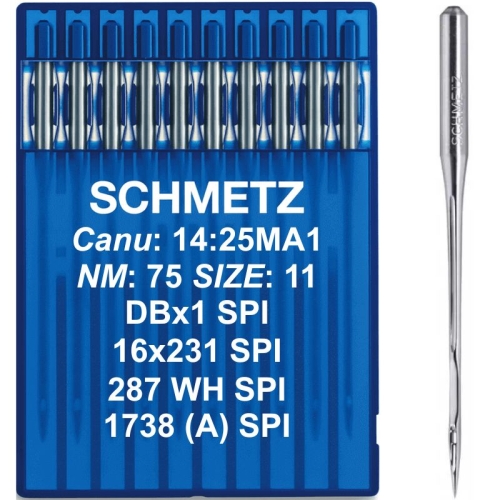 Zdjęcie przedstawia igły przemysłowe Schmetz 16x231 SPI / DBx1 SPI w rozmiarze NM 75 / SIZE 11. Na opakowaniu widoczne są najważniejsze odpowiedniki systemu, co ułatwia dobranie igieł do właściwej maszyny przemysłowej.