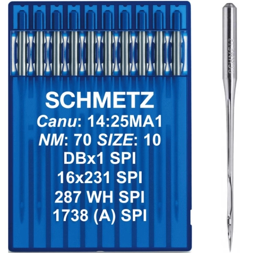 Zdjęcie przedstawia igły przemysłowe Schmetz 16x231 SPI / DBx1 SPI w rozmiarze NM 70 / SIZE 10. Widoczne opakowanie zawiera oznaczenia systemu, odpowiedniki igieł oraz pojedynczą igłę z bardzo smukłym, ostrym czubkiem do precyzyjnego szycia tkanin.