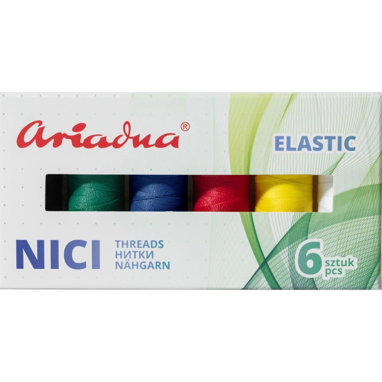 Zestaw 6 nici elastycznych Ariadna Elastic Sport w kolorach: zielonym, niebieskim, czerwonym i żółtym. Nici umieszczone w prostokątnym opakowaniu z widocznym napisem NICI oraz logo Ariadna. Opakowanie zawiera informacje o ilości nici.
