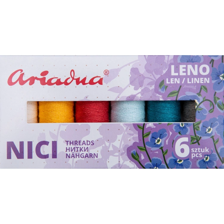 Zestaw 6 nici lnianych Ariadna Leno w kolorach: żółtym, czerwonym, jasnoniebieskim, ciemnoniebieskim, szarym. Nici umieszczone w opakowaniu z grafiką kwiatów. Widoczny napis NICI oraz 6 sztuk.