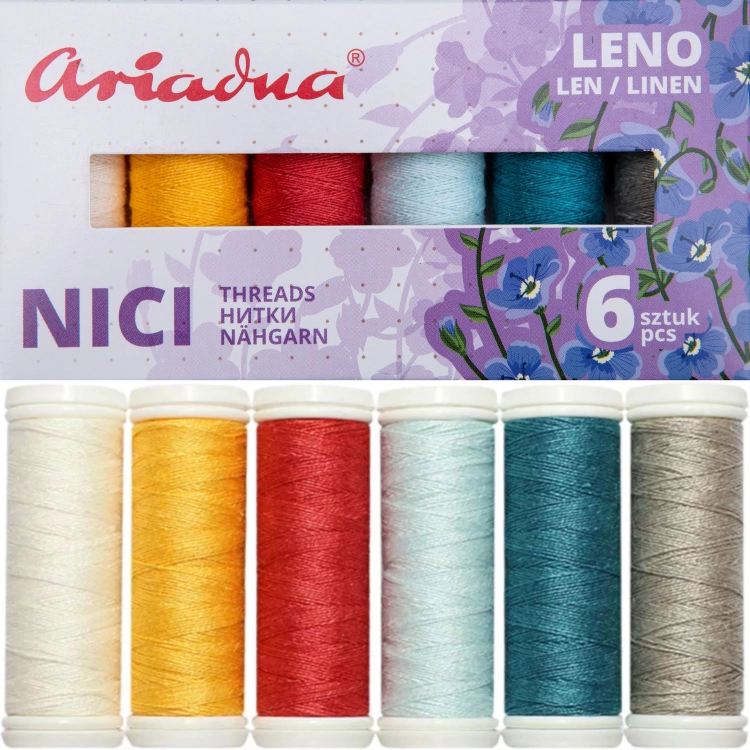 Zestaw 6 nici lnianych Ariadna Leno w kolorach: żółtym, czerwonym, jasnoniebieskim, ciemnoniebieskim, szarym. Nici umieszczone w opakowaniu z grafiką kwiatów. Widoczny napis NICI oraz 6 sztuk.