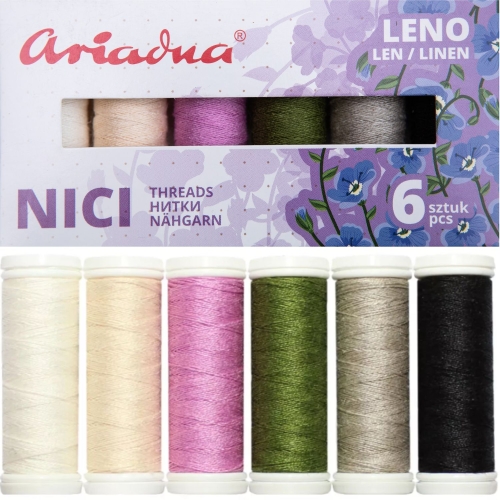 Zestaw 6 nici lnianych Ariadna Leno w kolorach: jasny beż, różowy, ciemnozielony, szary. Szpuleczki umieszczone w opakowaniu z kwiatowym wzorem, widoczne napisy NICI oraz 6 sztuk.